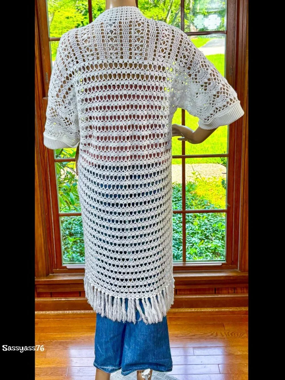 🆕CHICO'S▪️Shimmering White Fringe Hem Cotton Blend Crochet Short Sleeve Sweater